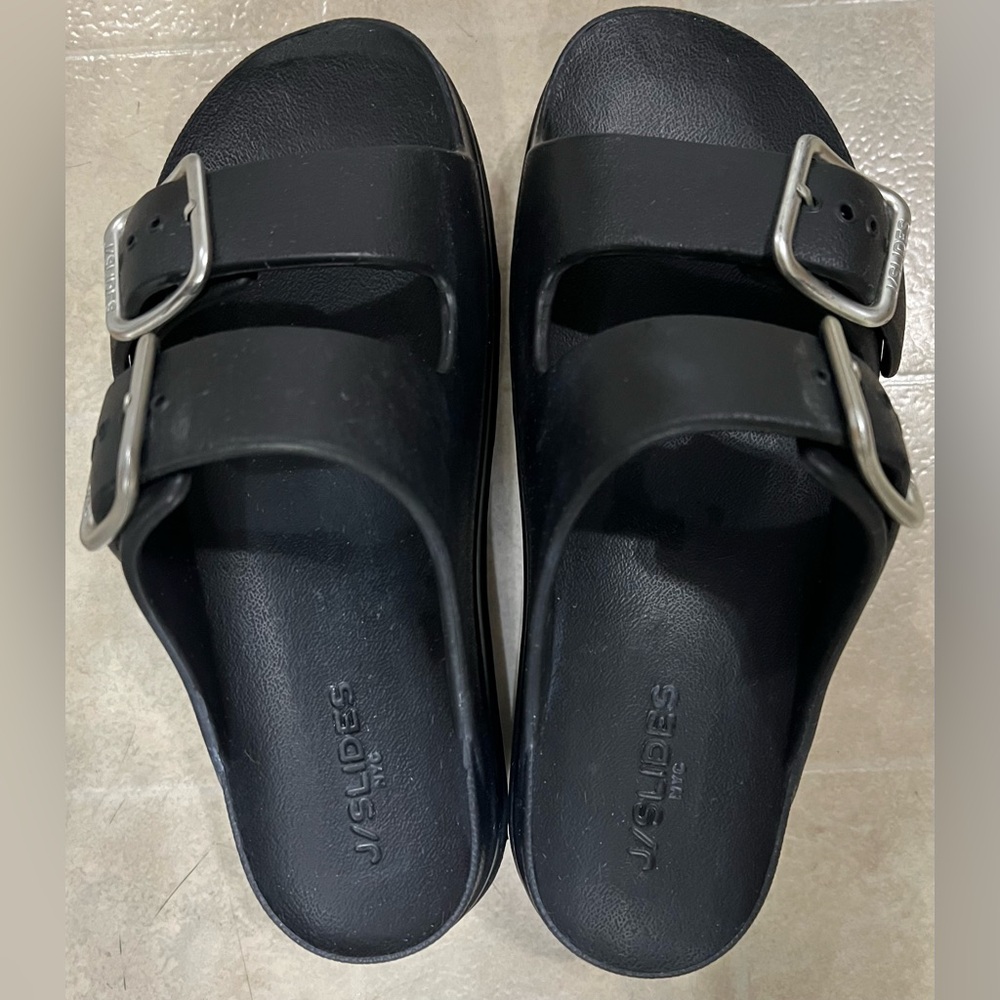J Slides Women's Black Platform Double Strap Slide White Sole Sandals Size 6M
